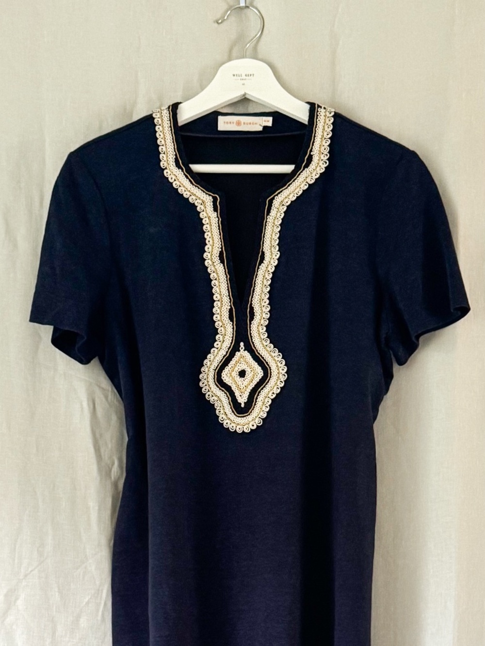 Tory Burch Navy Embroidered Tassel Belt Dress Size M